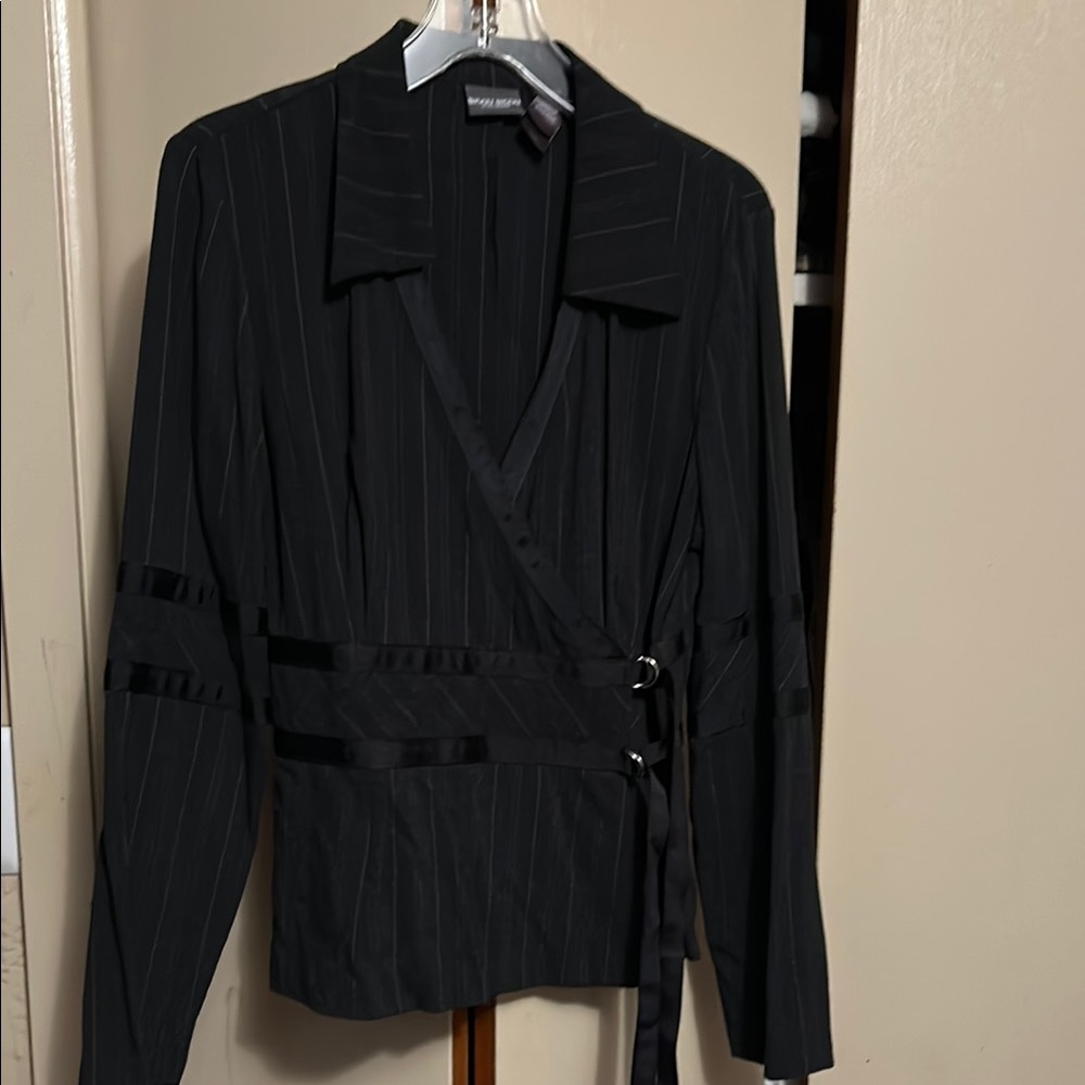 Bisou Bisou Black Pinstripe Wrap Blazer with asymmetrical matching skirt.